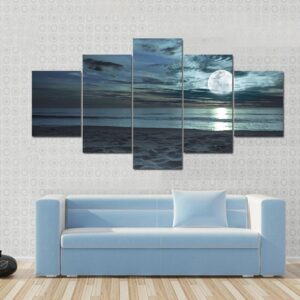 Beautiful Beach At Twilight Time With Moon In The Sky - Nature 5 Panel Canvas Art Wall Decor
