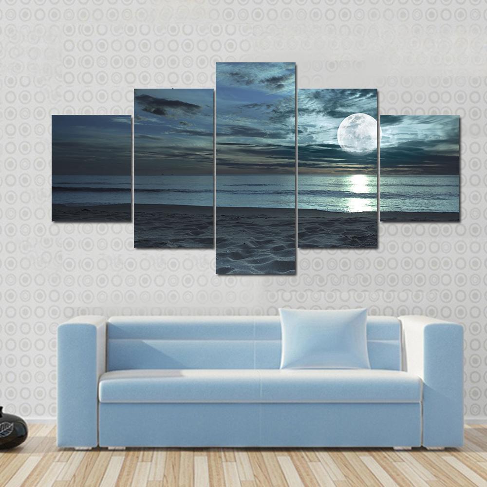 Beautiful Beach At Twilight Time With Moon In The Sky - Nature 5 Panel Canvas Art Wall Decor Beautiful Beach At Twilight Time With Moon In The Sky - Nature 5 Panel Canvas Art Wall Decor