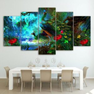 Beautiful Blue Peacocks Animal Color Modern - Abstract Animal 5 Panel Canvas Art Wall Decor