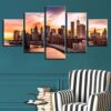 Beautiful Brooklyn Bridge City Sunset - Nature 5 Panel Canvas Art Wall Decor