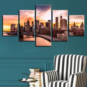 Beautiful Brooklyn Bridge City Sunset - Nature 5 Panel Canvas Art Wall Decor