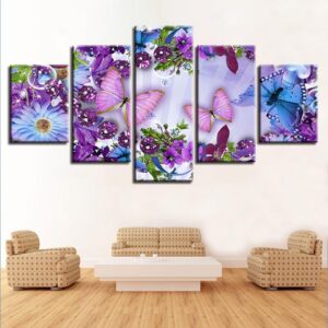 Beautiful Butterfly And Colorful Flowers - Nature 5 Panel Canvas Art Wall Decor