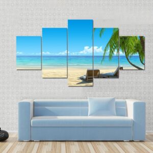 Beautiful Chairs On Idyllic Tropical White Sand Beach - Nature 5 Panel Canvas Art Wall Decor