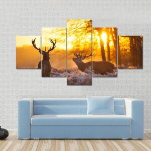 Beautiful Deer Couple In Morning Sun - Animal 5 Panel Canvas Art Wall Decor
