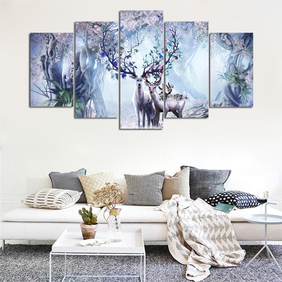Beautiful Flower Deer Family Fantastic - Abstract Animal 5 Panel Canvas Art Wall Decor Beautiful Flower Deer Family Fantastic - Abstract Animal 5 Panel Canvas Art Wall Decor