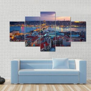 Beautiful Istanbul Sunset Panorama - Nature 5 Panel Canvas Art Wall Decor