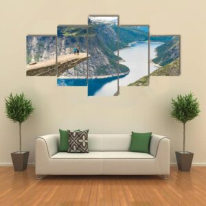 Beautiful Lake And Mountain In Norway - Nature 5 Panel Canvas Art Wall Decor