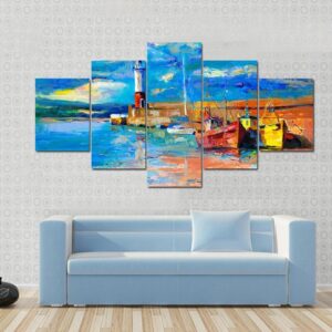Beautiful Lighthouse And Boats On - Nature 5 Panel Canvas Art Wall Decor