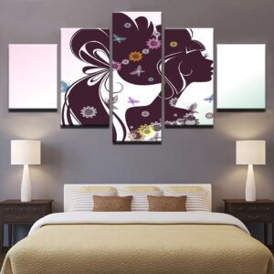 Beautiful Long Hair Flower Girl Silhouette - Abstract 5 Panel Canvas Art Wall Decor