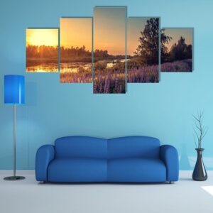 Beautiful Lupines At Sunset - Nature 5 Panel Canvas Art Wall Decor