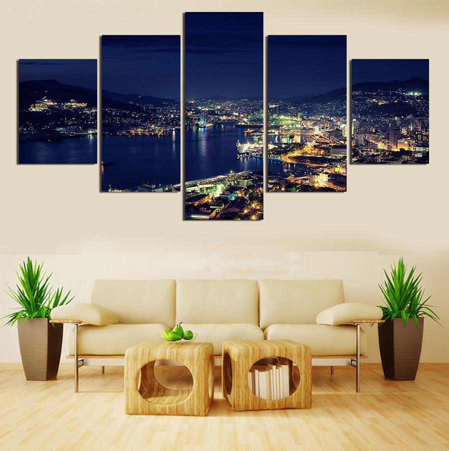 Beautiful Night Scene At The Bay - Nature 5 Panel Canvas Art Wall Decor Beautiful Night Scene At The Bay - Nature 5 Panel Canvas Art Wall Decor
