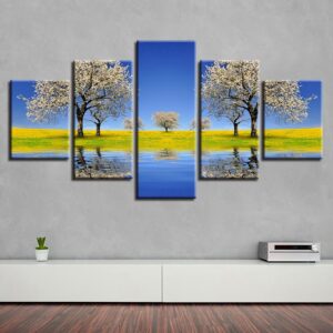 Beautiful Pear Flower Tree River - Nature 5 Panel Canvas Art Wall Decor