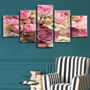 Beautiful Pink White Rose Flower Still Life 01 - Nature 5 Panel Canvas Art Wall Decor