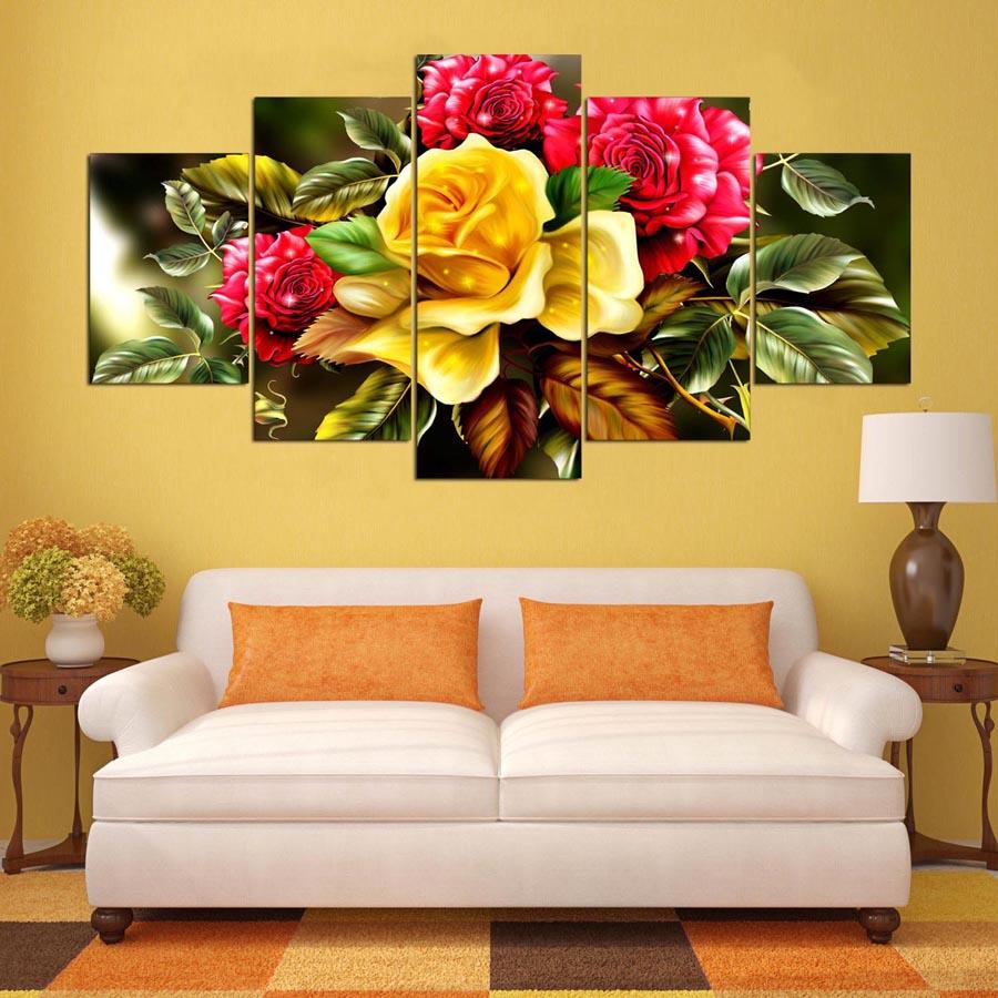 Beautiful Red And Yellow Flowers - Nature 5 Panel Canvas Art Wall Decor Beautiful Red And Yellow Flowers - Nature 5 Panel Canvas Art Wall Decor
