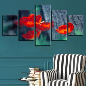 Beautiful Red Flowers - Nature 5 Panel Canvas Art Wall Decor