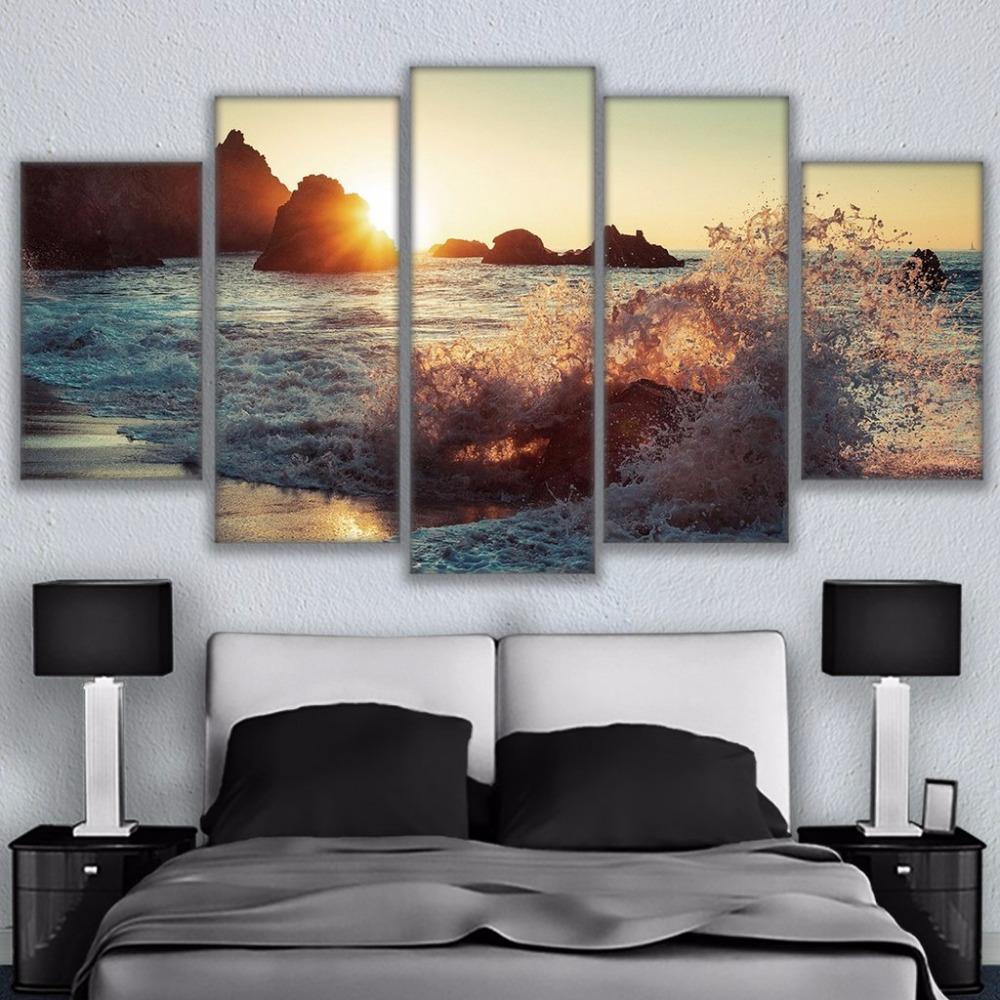 Beautiful Rocky Beach Sunset - Nature 5 Panel Canvas Art Wall Decor Beautiful Rocky Beach Sunset - Nature 5 Panel Canvas Art Wall Decor