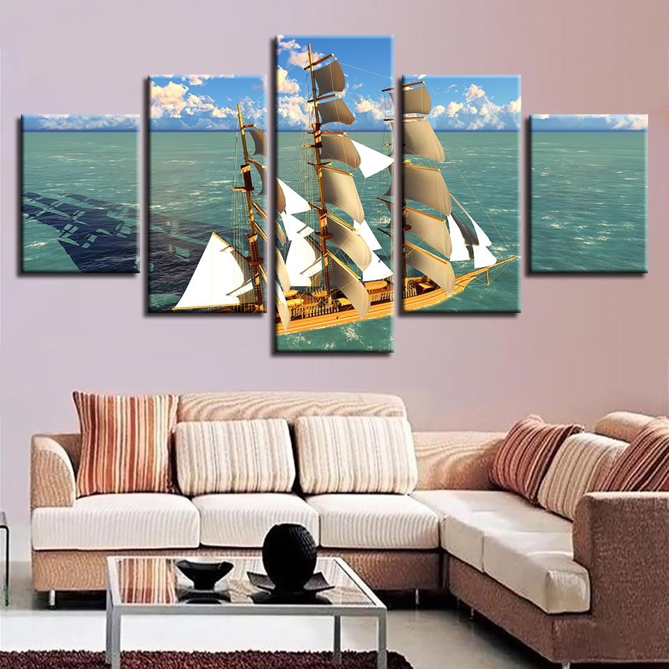 Beautiful Sea Water Ship And Blue Sky White Cloud - Space 5 Panel Canvas Art Wall Decor Beautiful Sea Water Ship And Blue Sky White Cloud - Space 5 Panel Canvas Art Wall Decor
