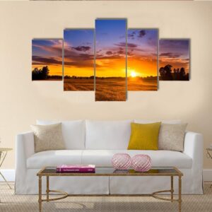 Beautiful Summer Sunset Over Fields - Nature 5 Panel Canvas Art Wall Decor