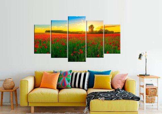 Beautiful Sunset Large Poppies Nature Summer - Nature 5 Panel Canvas Art Wall Decor Beautiful Sunset Large Poppies Nature Summer - Nature 5 Panel Canvas Art Wall Decor