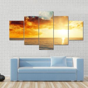 Beautiful Sunset Over The Sea - Nature 5 Panel Canvas Art Wall Decor