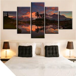 Beautiful Sunset Over The Snowy Mountain - Nature 5 Panel Canvas Art Wall Decor