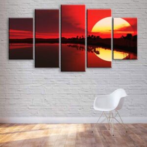 Beautiful Sunset Red Sky At Night - Nature 5 Panel Canvas Art Wall Decor