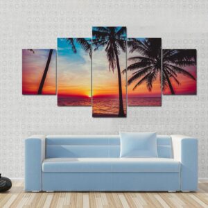 Beautiful Sunset Tropical Beach - Nature 5 Panel Canvas Art Wall Decor