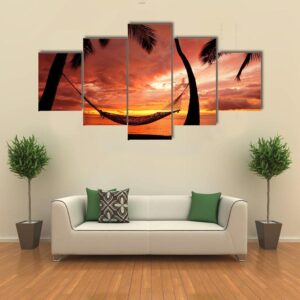 Beautiful Sunset With Palm Trees - Nature 5 Panel Canvas Art Wall Decor