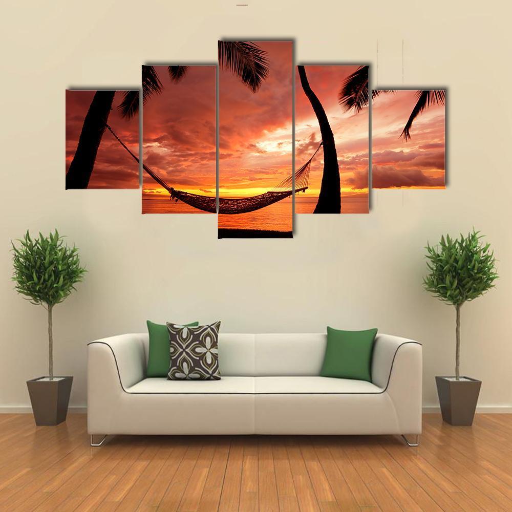 Beautiful Sunset With Palm Trees - Nature 5 Panel Canvas Art Wall Decor Beautiful Sunset With Palm Trees - Nature 5 Panel Canvas Art Wall Decor