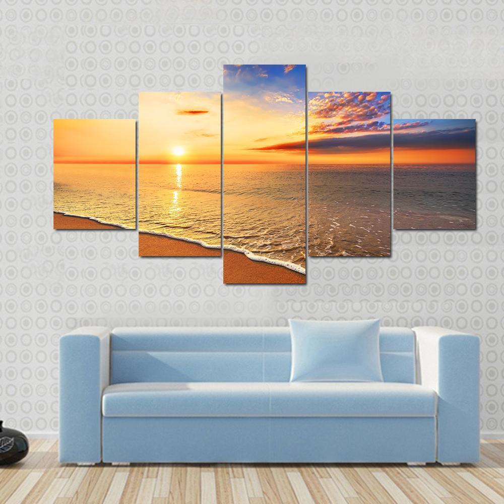 Beautiful Tropical Sunrise On The Beach - Nature 5 Panel Canvas Art Wall Decor Beautiful Tropical Sunrise On The Beach - Nature 5 Panel Canvas Art Wall Decor