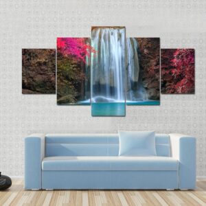 Beautiful Waterfall At Colorful - Nature 5 Panel Canvas Art Wall Decor