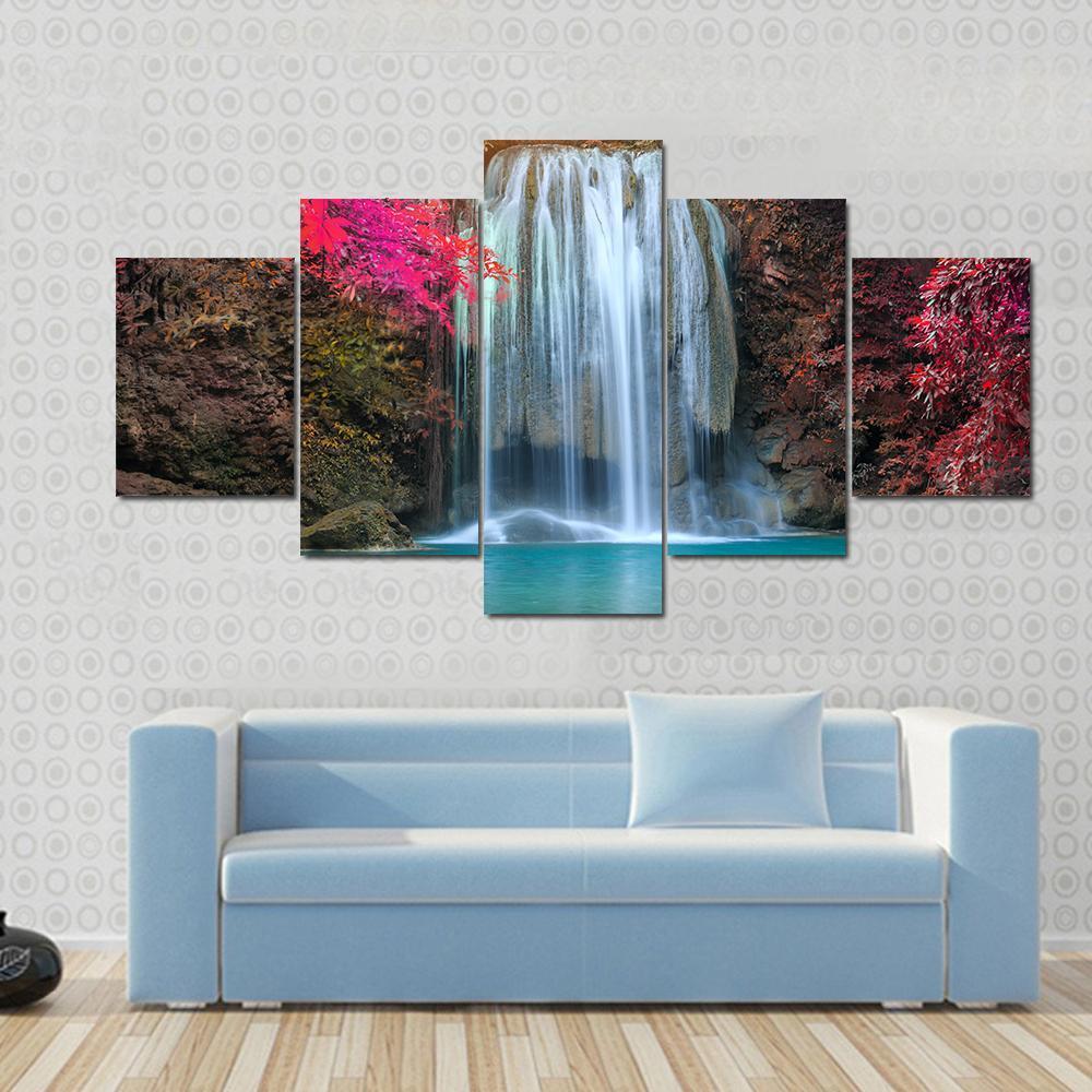 Beautiful Waterfall At Colorful - Nature 5 Panel Canvas Art Wall Decor Beautiful Waterfall At Colorful - Nature 5 Panel Canvas Art Wall Decor
