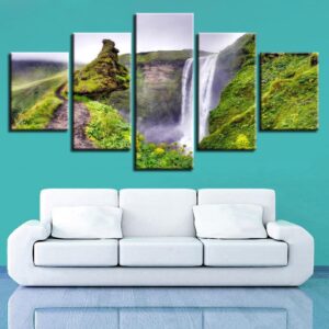 Beautiful Waterfall Green Mountain Path - Nature 5 Panel Canvas Art Wall Decor