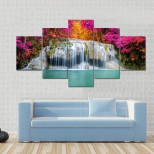 Beautiful Waterfall With Pink Trees - Nature 5 Panel Canvas Art Wall Decor