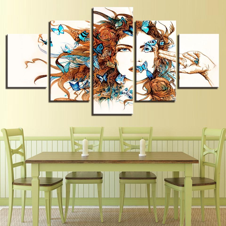 Beautiful Woman And Blue Butterfly - Abstract 5 Panel Canvas Art Wall Decor Beautiful Woman And Blue Butterfly - Abstract 5 Panel Canvas Art Wall Decor