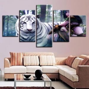 Beauty Girl And White Tiger - Animal 5 Panel Canvas Art Wall Decor