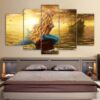 Beauty Mermaid & Boat On Golden Sea - Ocean 5 Panel Canvas Art Wall Decor