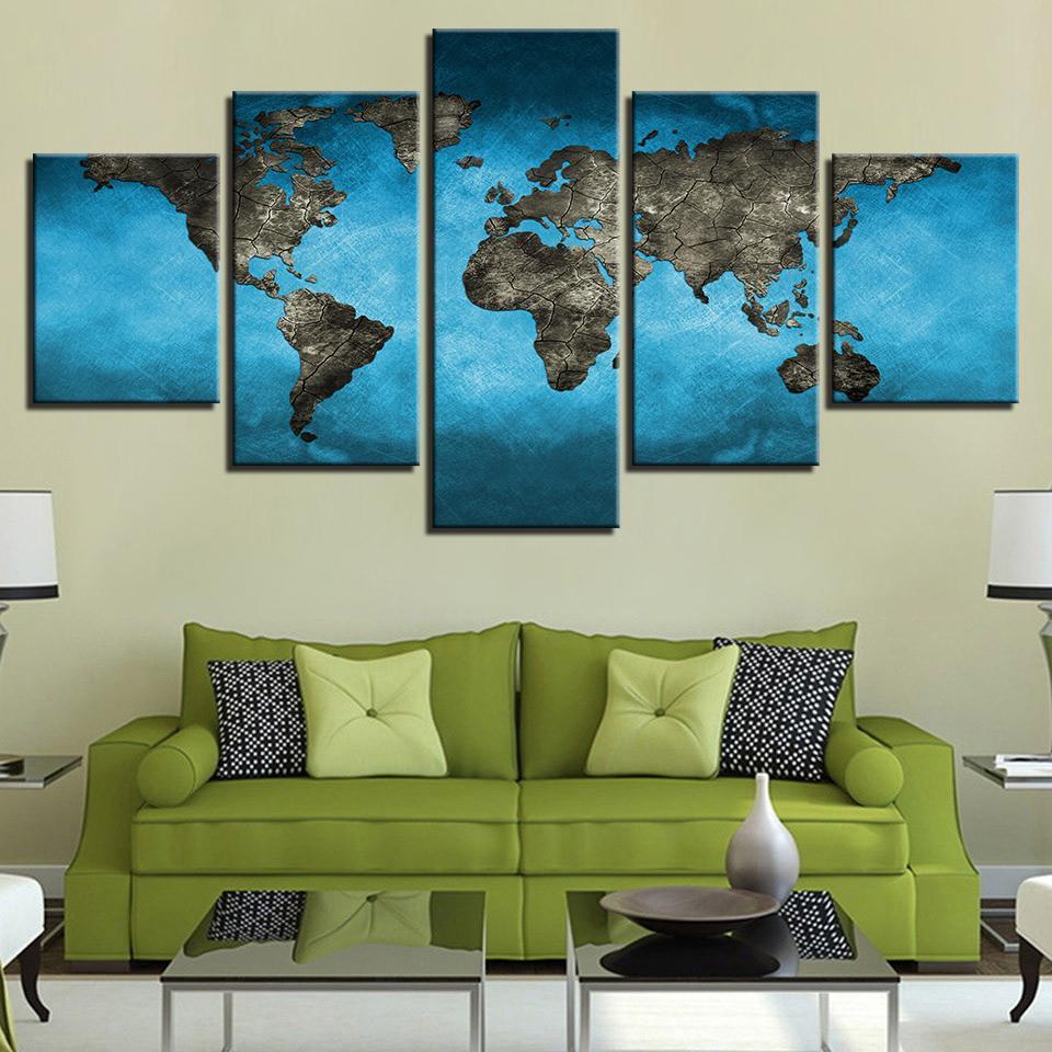 Bebroom Blue Retro World Map Office - Abstract 5 Panel Canvas Art Wall Decor Bebroom Blue Retro World Map Office - Abstract 5 Panel Canvas Art Wall Decor