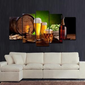 Beer Barrel Bottle Hop Malt - Wine 5 Panel Canvas Art Wall Decor