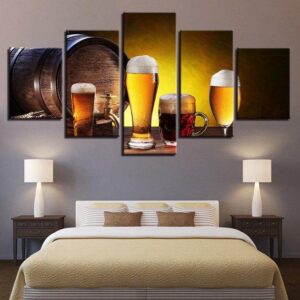 Beer Glasses Malt Stout Oak Barrel Modern Abstract - Wine 5 Panel Canvas Art Wall Decor