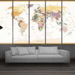 Beige World Map - World Map 5 Panel Canvas Art Wall Decor