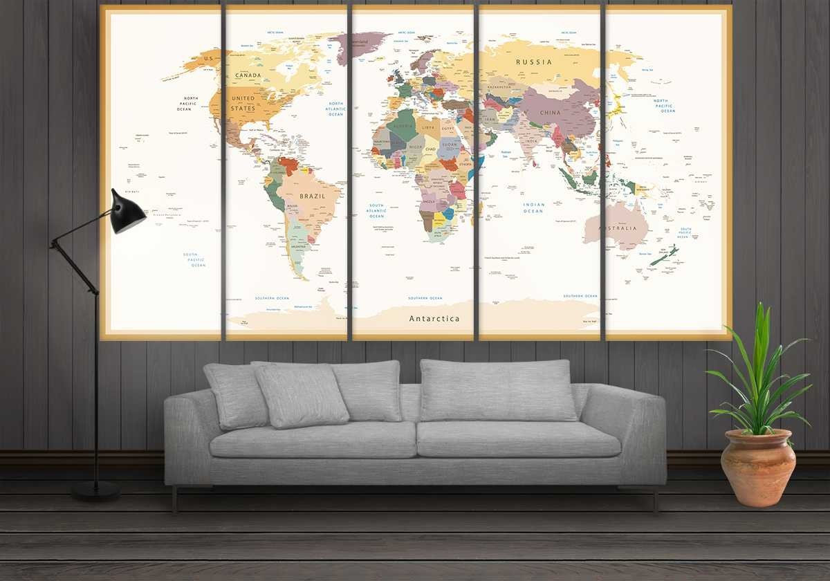 Beige World Map - World Map 5 Panel Canvas Art Wall Decor Beige World Map - World Map 5 Panel Canvas Art Wall Decor