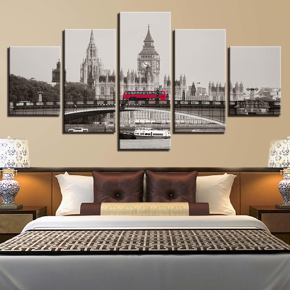Big Ben Bridge Bus - Automative 5 Panel Canvas Art Wall Decor Big Ben Bridge Bus - Automative 5 Panel Canvas Art Wall Decor