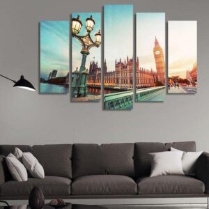 Big Ben From Westminster Bridge London The Uk At Sunset - Nature 5 Panel Canvas Art Wall Decor