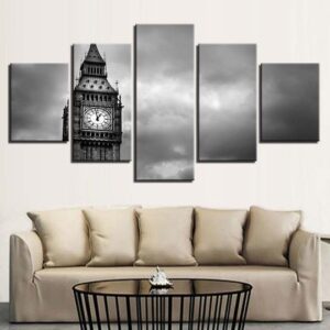 Big Ben In Black And White London England - Nature 5 Panel Canvas Art Wall Decor