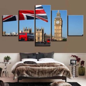 Big Ben Union Jack London England - Nature 5 Panel Canvas Art Wall Decor