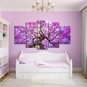 Big Pink Tree Nature Landscape - Nature 5 Panel Canvas Art Wall Decor