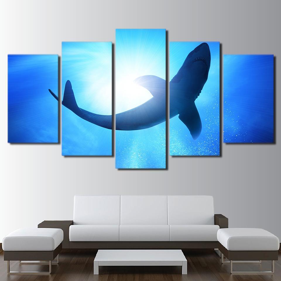 Big Shark Deep Blue Sea Ocean - Animal 5 Panel Canvas Art Wall Decor Big Shark Deep Blue Sea Ocean - Animal 5 Panel Canvas Art Wall Decor