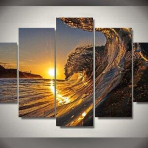 Big Wave Beach Large - Nature 5 Panel Canvas Art Wall Decor