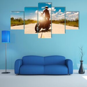 Biker Girl Stand Up On Modern Classic Motorcycle - Sport 5 Panel Canvas Art Wall Decor